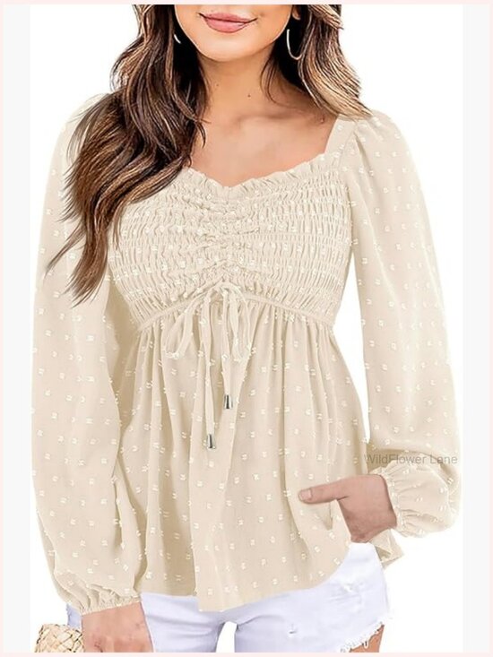 Tops - Smocked Peplum Top with Balloon Long Sleeve Swiss Dot